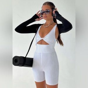 WeWoreWhat White and Black Pinstripe workout onsie
